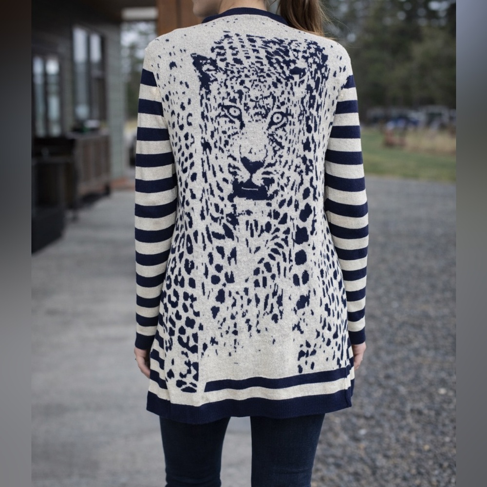 Y2K Statement Leopard Graphic Cardigan Navy & Cream With Shimmer Longline Stripe